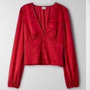 Aritzia Satin Red Long-Sleeve V-Neck Button Front Blouse